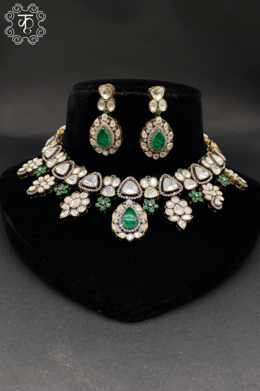 Kundan choker necklace and earrings set with emerald green stones — Kridhaa jewellery collection