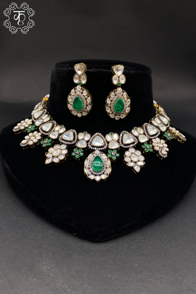 Kundan choker necklace and earrings set with emerald green stones — Kridhaa jewellery collection