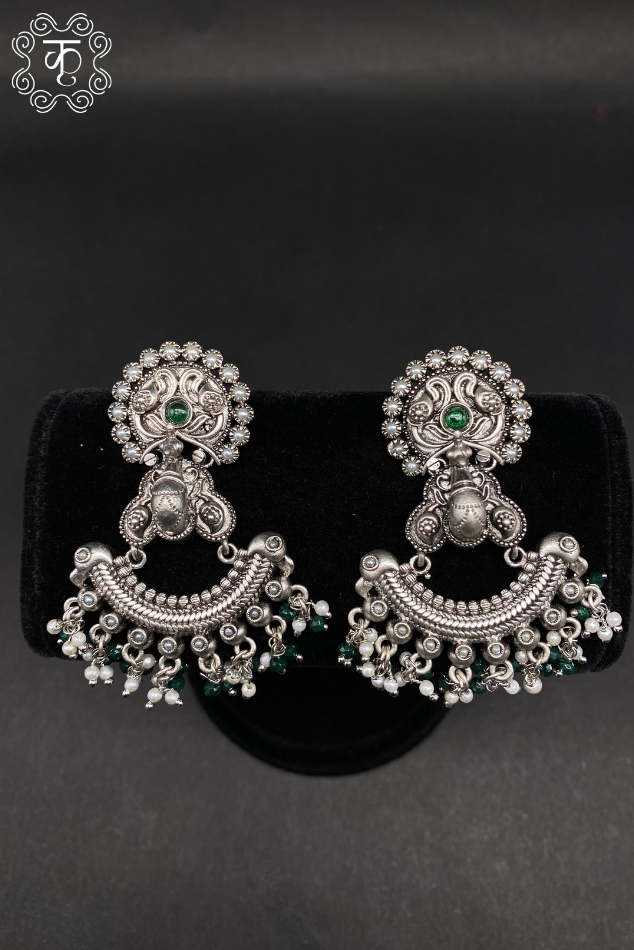 Oxidized Silver AD Earrings with Green Stones - Image 2