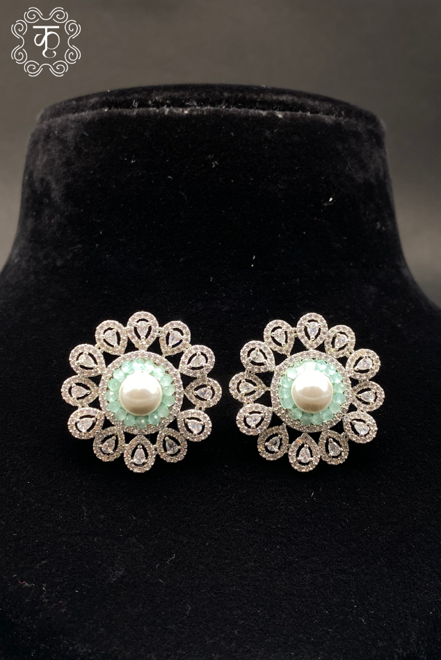 Silver AD with White Pearl Mint Green Earrings - Image 2