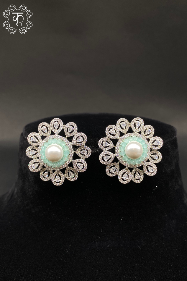 Silver AD with White Pearl Mint Green Earrings - Image 3