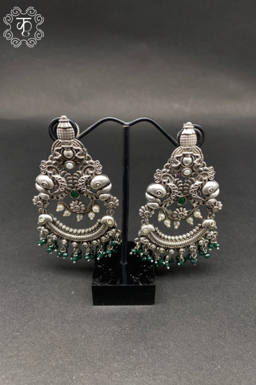 Oxidised silver chandbali earrings with green beads on stand — Kridhaa Earrings collection