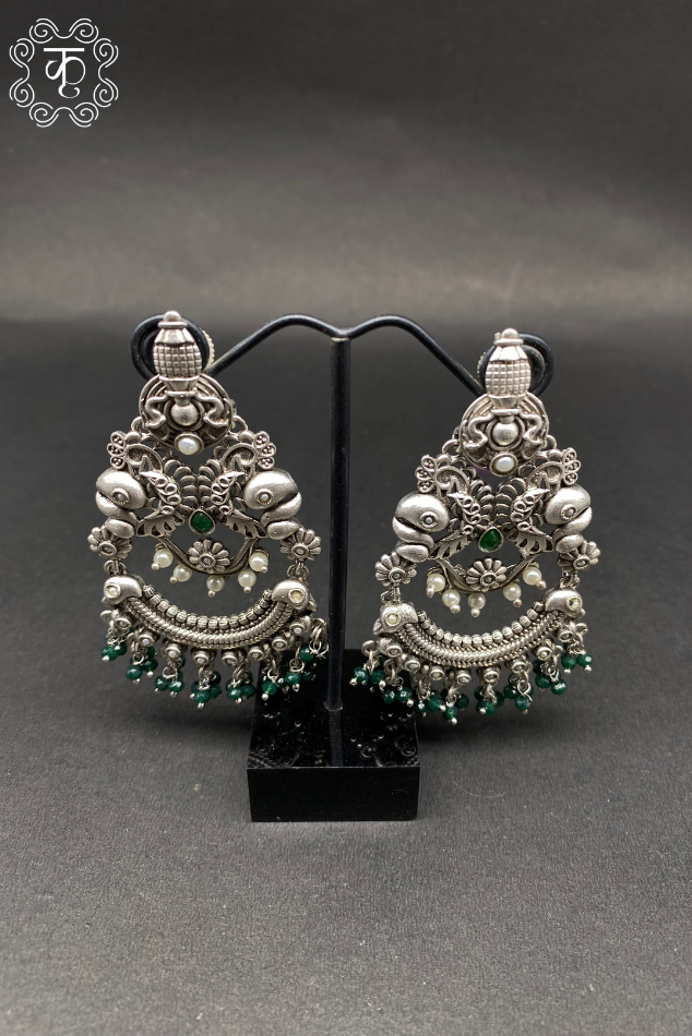 Oxidised silver chandbali earrings with green beads on stand — Kridhaa Earrings collection