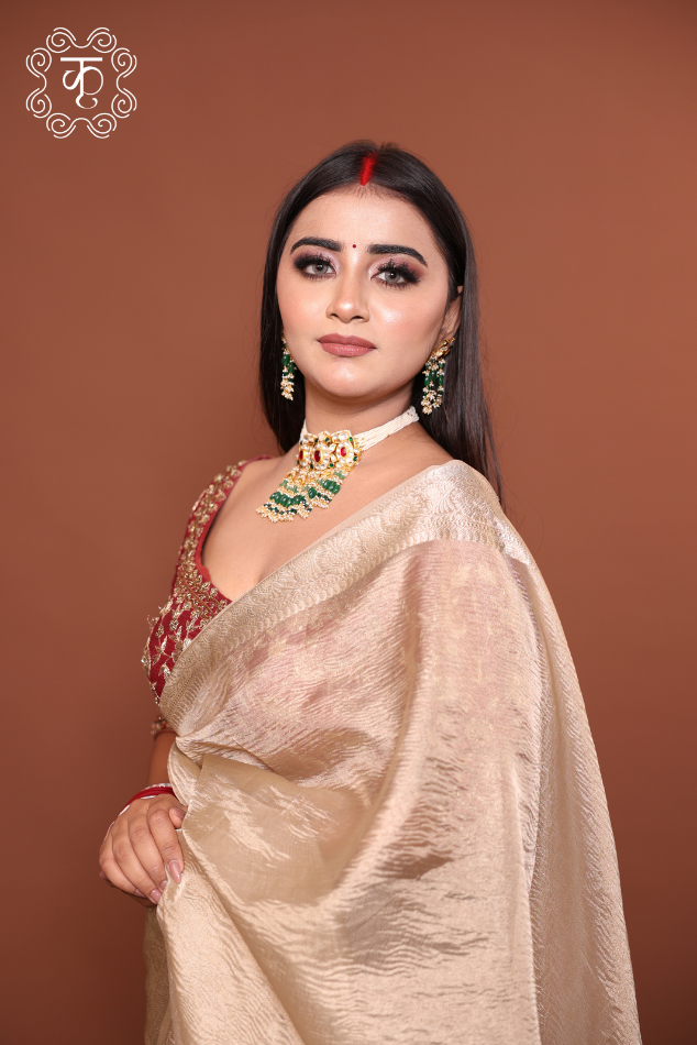 Tissue Silk Saree with HandWork Blouse - Golden Maroon - Image 7