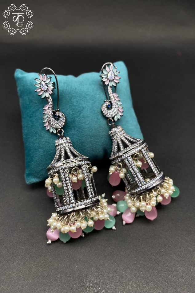 Oxidized Silver AD Earrings with Pink & Green Stones - Image 3