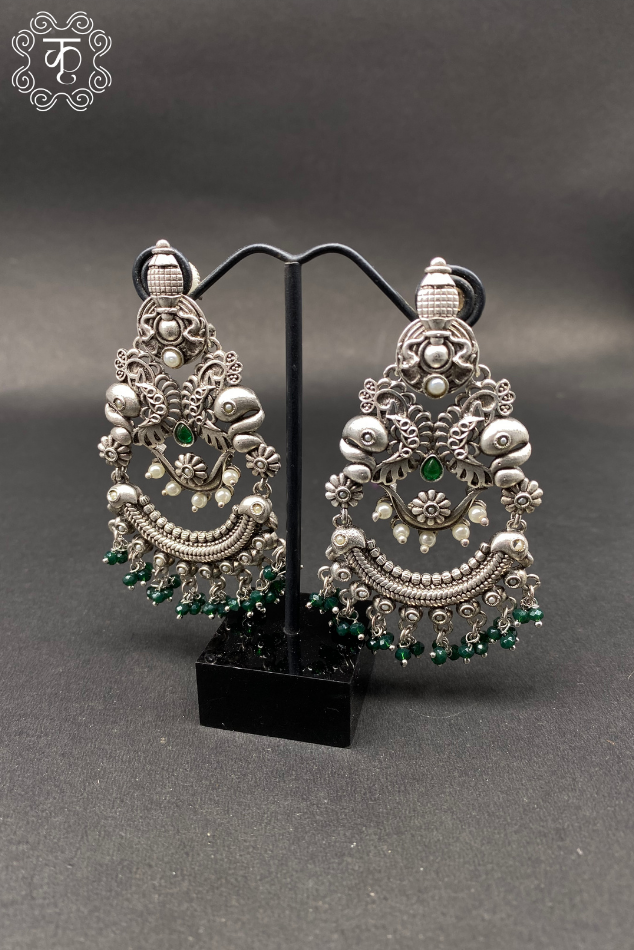Oxidized Silver AD Earrings with Green Pearls - Image 2