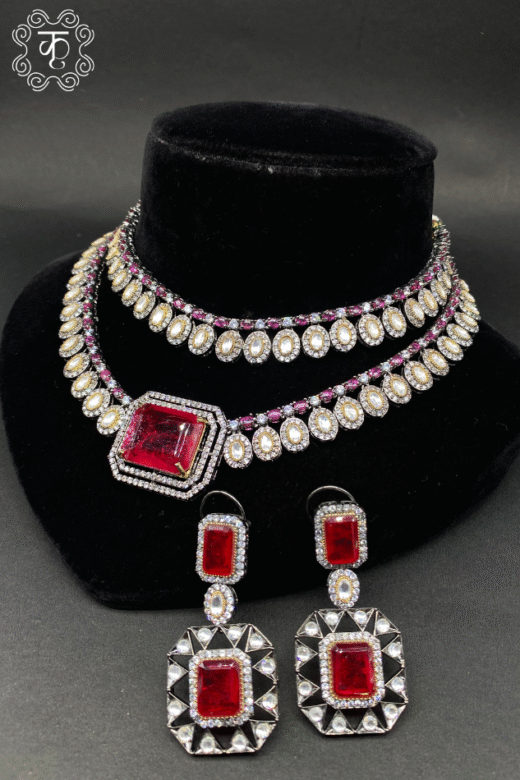 Layered pearl necklace with ruby red stones and matching earrings — Kridhaa Neckpieces collection