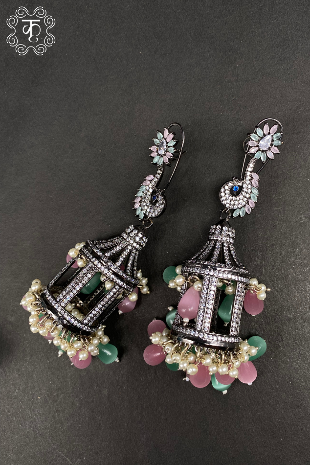 Oxidized Silver AD Earrings with Pink & Green Stones - Image 4
