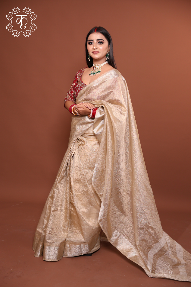 Tissue Silk Saree with HandWork Blouse - Golden Maroon - Image 6