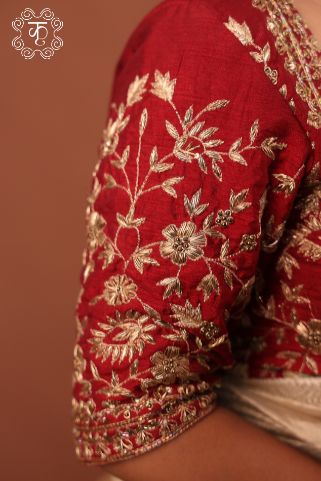 Tissue Silk Saree with HandWork Blouse - Golden Maroon - Image 4