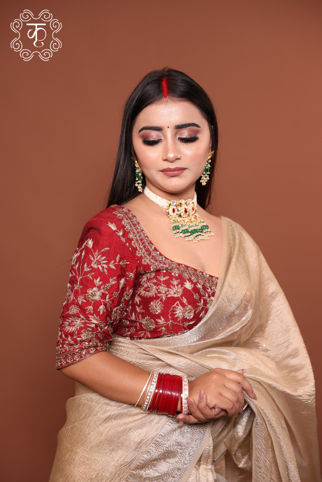 Tissue Silk Saree with HandWork Blouse - Golden Maroon - Image 5