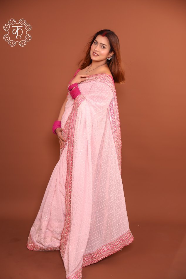 Blush Elegance Lucknowi Georgette Saree - Pink - Image 3