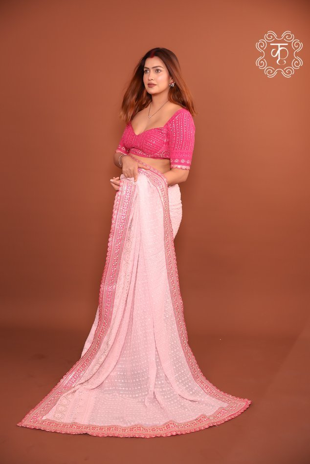 Blush Elegance Lucknowi Georgette Saree - Pink - Image 5