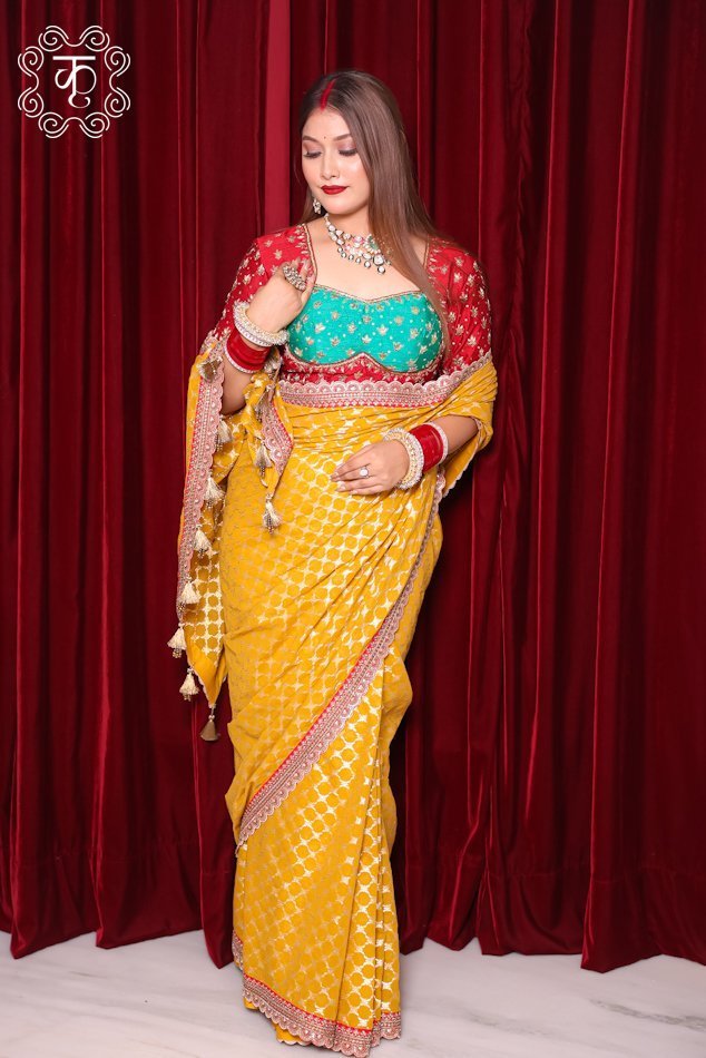 Chanderi Silk Fabric Hand Embroidery Saree - Yellow - Image 5