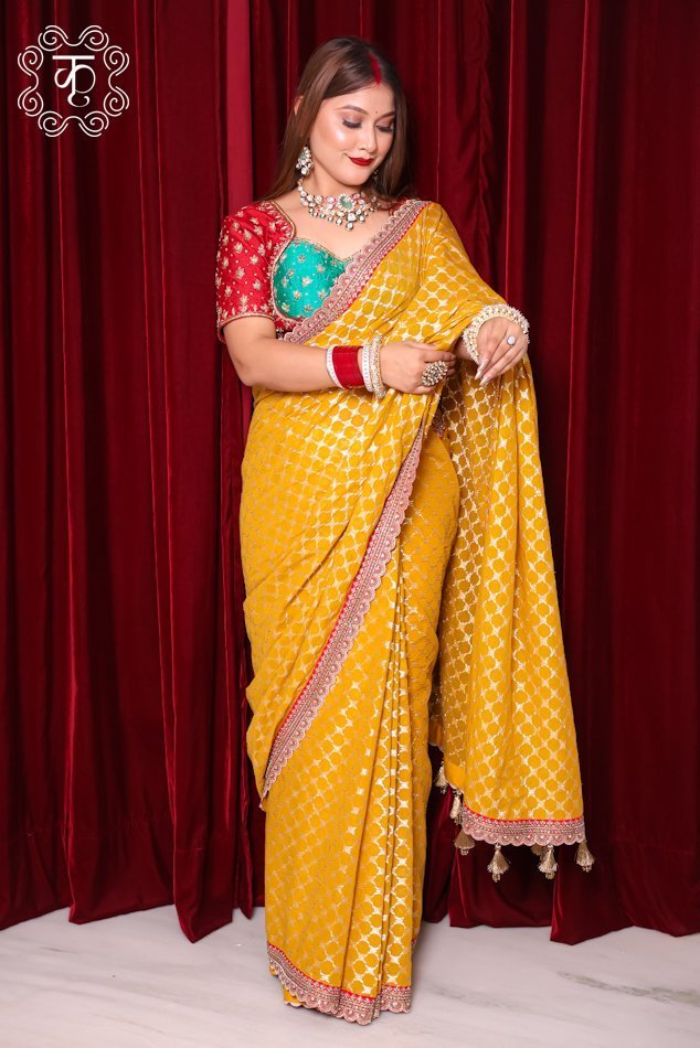 Chanderi Silk Fabric Hand Embroidery Saree - Yellow - Image 2