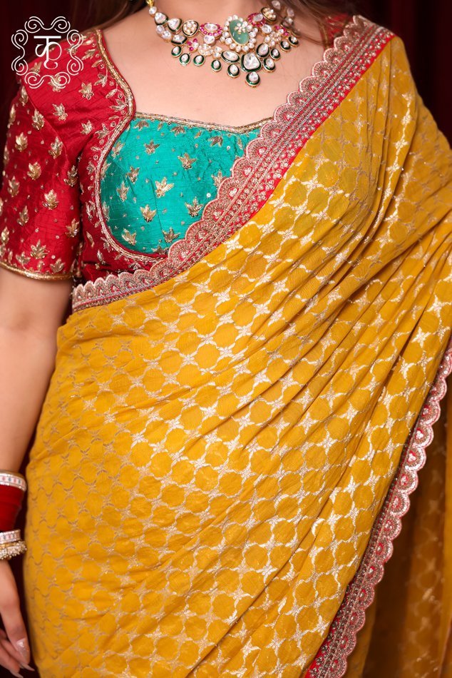 Chanderi Silk Fabric Hand Embroidery Saree - Yellow - Image 4
