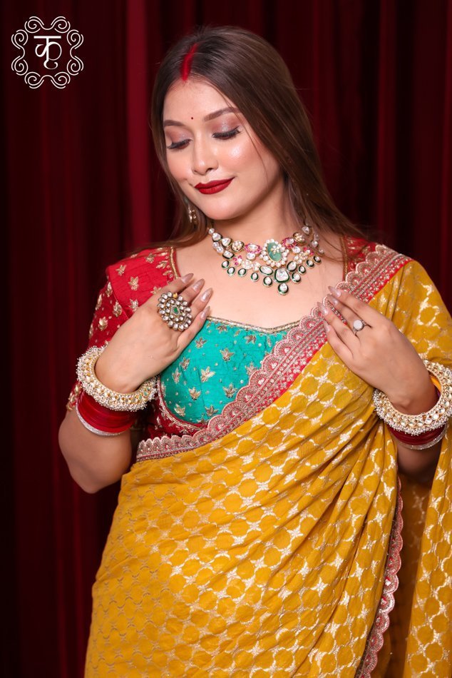 Chanderi Silk Fabric Hand Embroidery Saree - Yellow - Image 3
