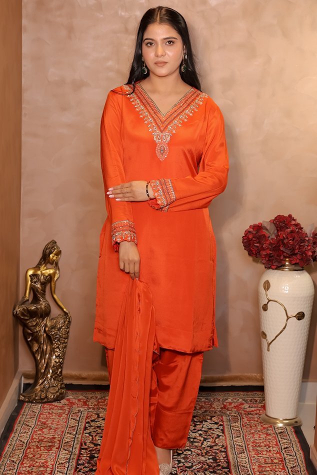 Rasiq Orange Stitched Suit Set 3 - Image 2