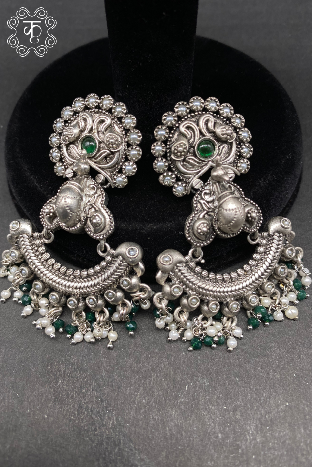 Oxidized Silver AD Earrings with Green Stones - Image 3
