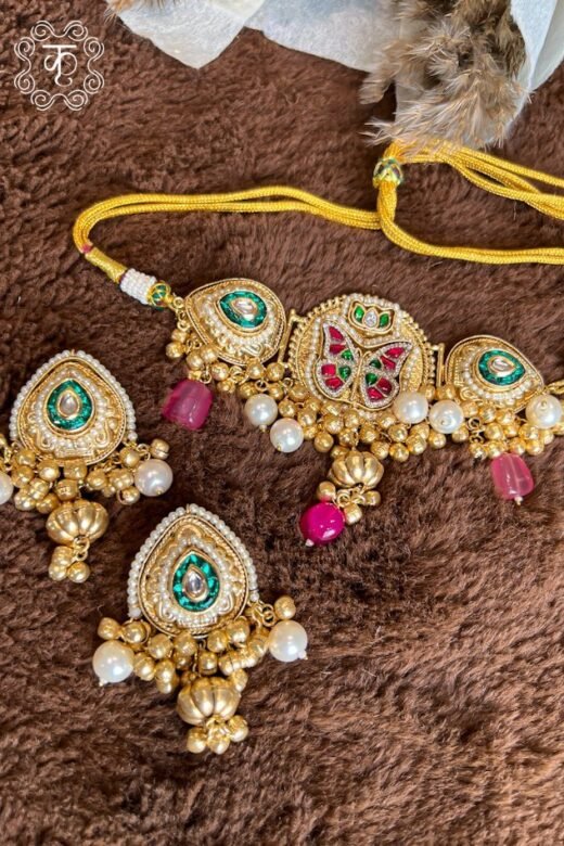 Gold Kashmiri neckpiece set with meenakari work and pearl drops — Kridhaa Kashmiri Jewellery collection