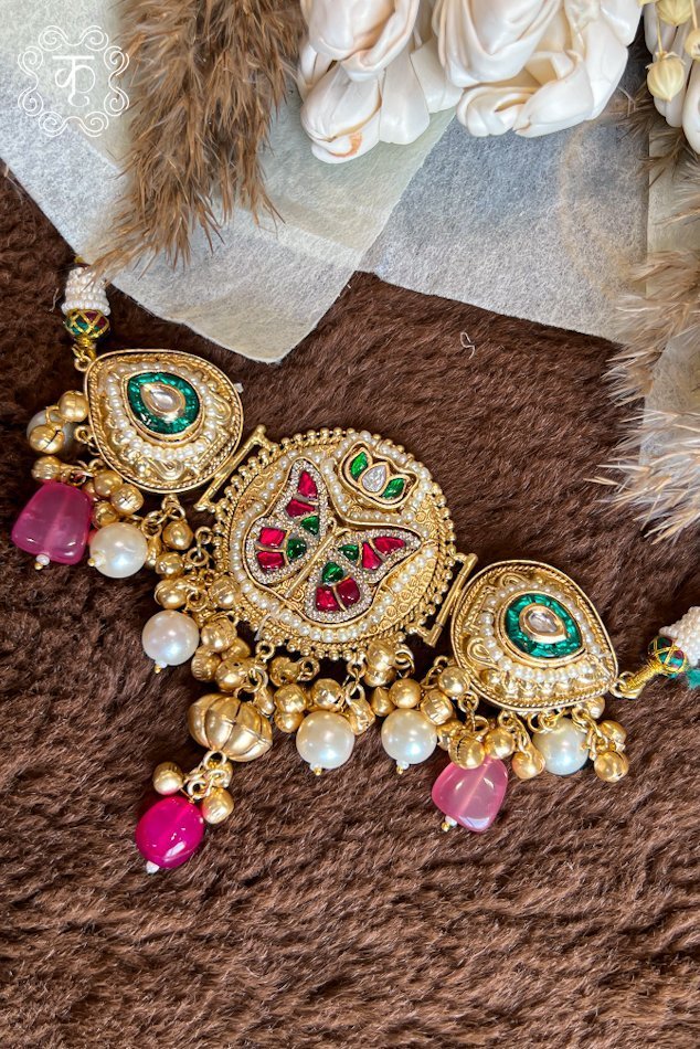 Kashmiri Neckpiece with Earrings - Green Red - Image 2