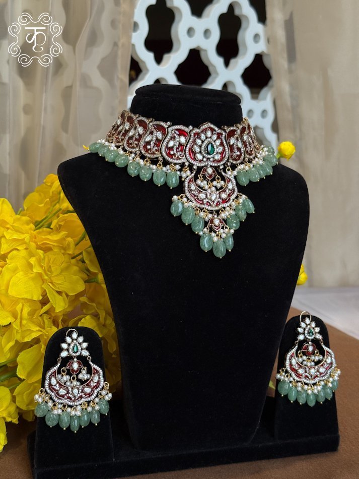 Neckpiece with Earrings – Red Mint Green - Image 2