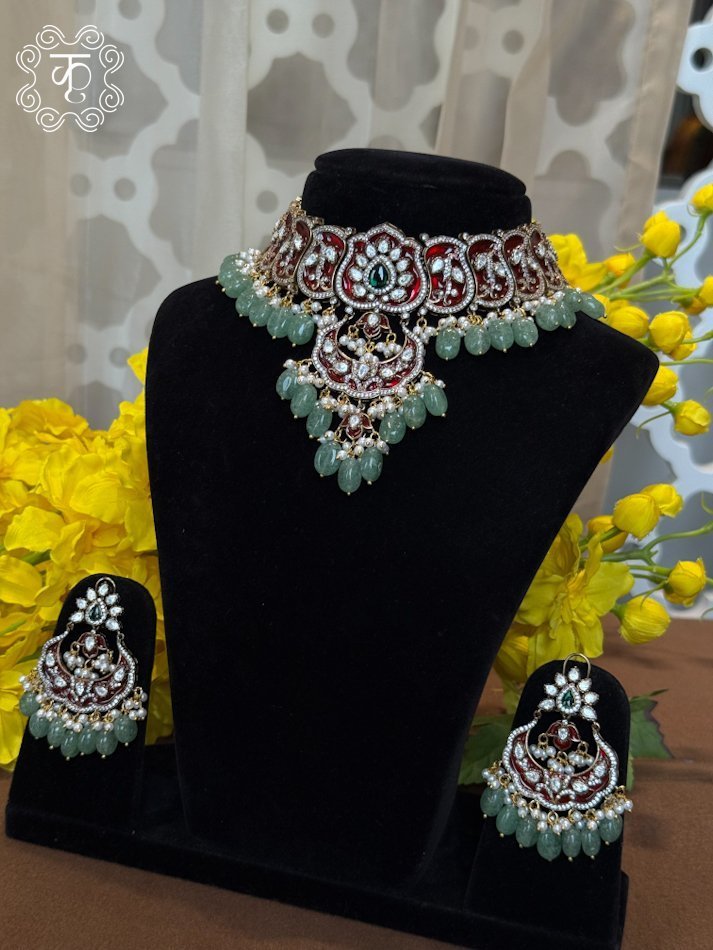 Neckpiece with Earrings – Red Mint Green - Image 3