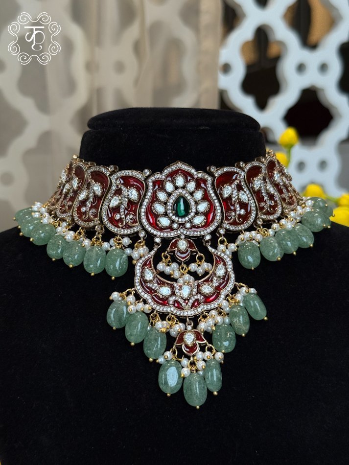 Neckpiece with Earrings – Red Mint Green - Image 4