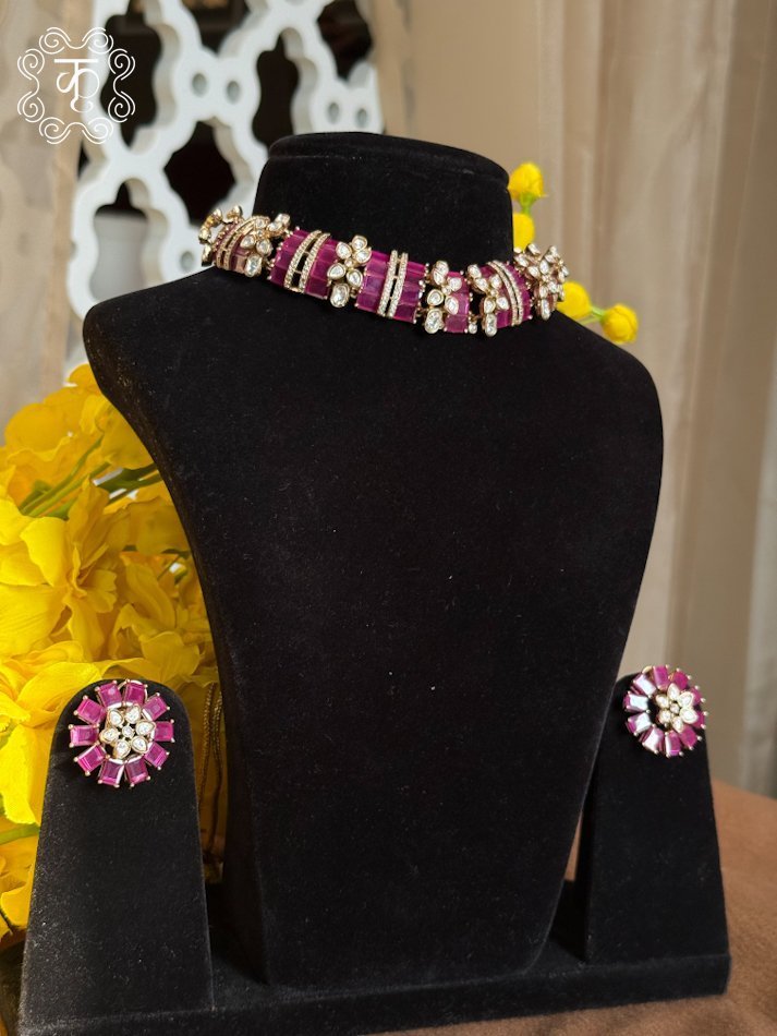 Neckpiece with Earrings - Maroon White - Image 2