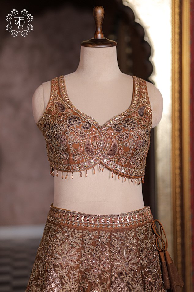 Rust Bronze Heavily Embroidered Net Lehenga Set with Sweetheart Choli & Net Dupatta - Image 3