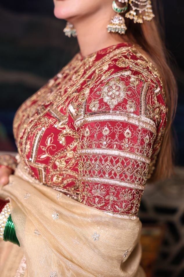 Sheer Organza Chanderi Silk with Heavy Embroidery Blouse with Optional Dupatta- Golden - Image 3