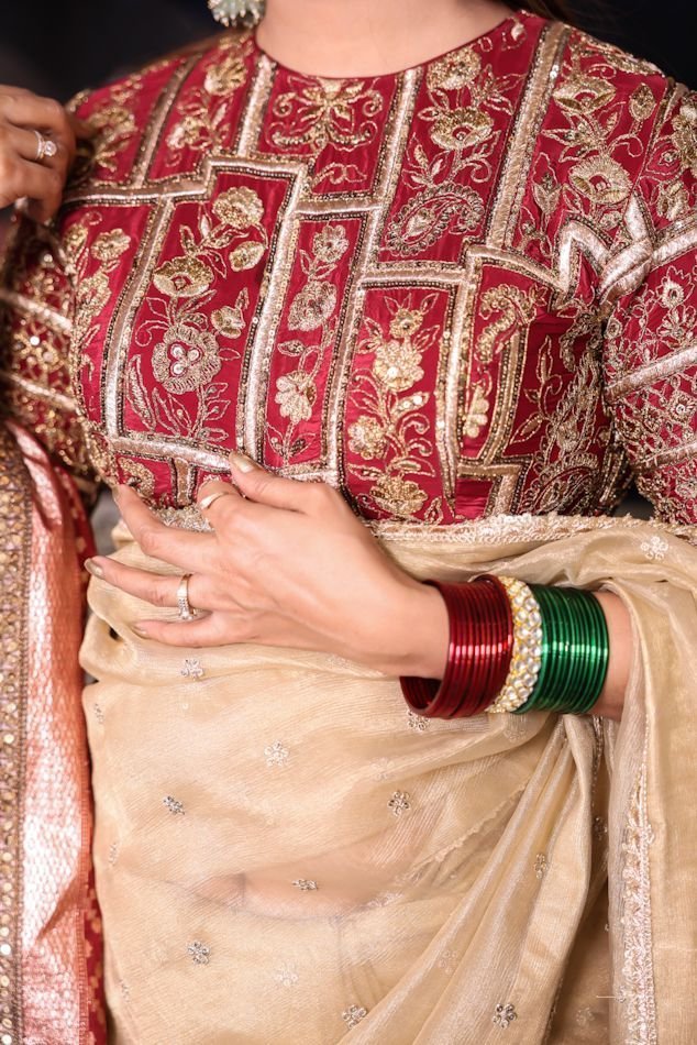 Sheer Organza Chanderi Silk with Heavy Embroidery Blouse with Optional Dupatta- Golden - Image 2