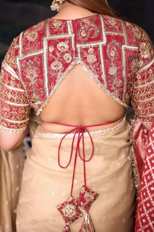 Sheer Organza Chanderi Silk with Heavy Embroidery Blouse with Optional Dupatta- Golden - Image 4