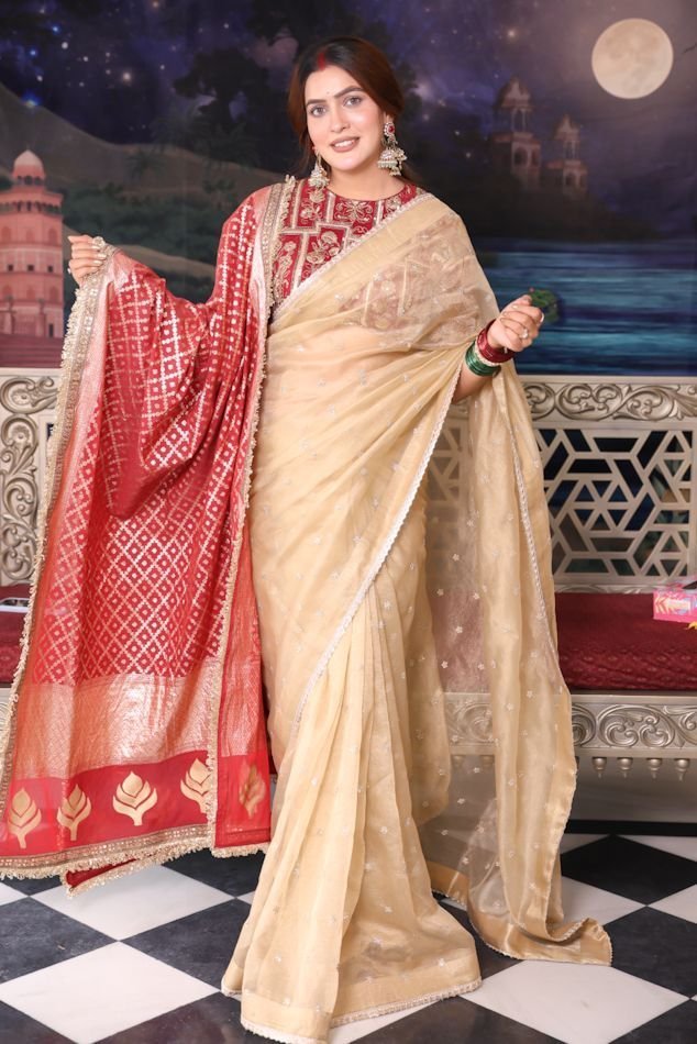 Sheer Organza Chanderi Silk with Heavy Embroidery Blouse with Optional Dupatta- Golden - Image 6