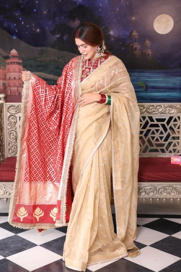 Sheer Organza Chanderi Silk with Heavy Embroidery Blouse with Optional Dupatta- Golden - Image 5