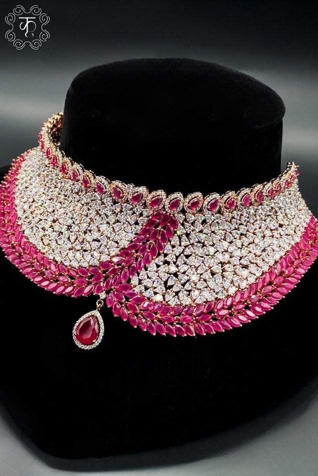 Rose Gold with White and Pink AD Set & Earrings - Image 3