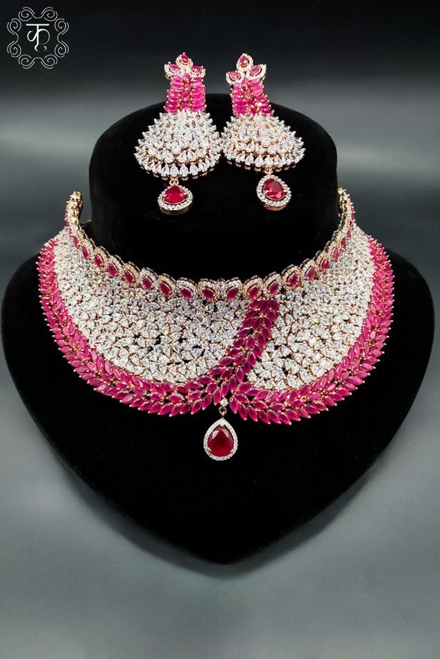 Rose Gold with White and Pink AD Set & Earrings - Image 2