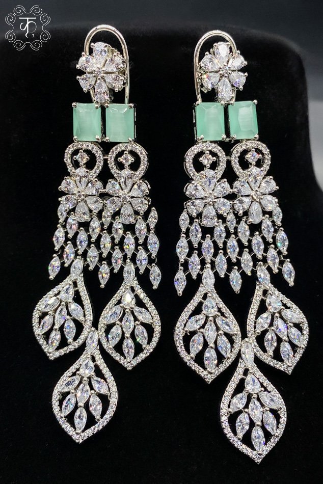 Silver and Mint green stone AD necklace with Earrings - Image 2