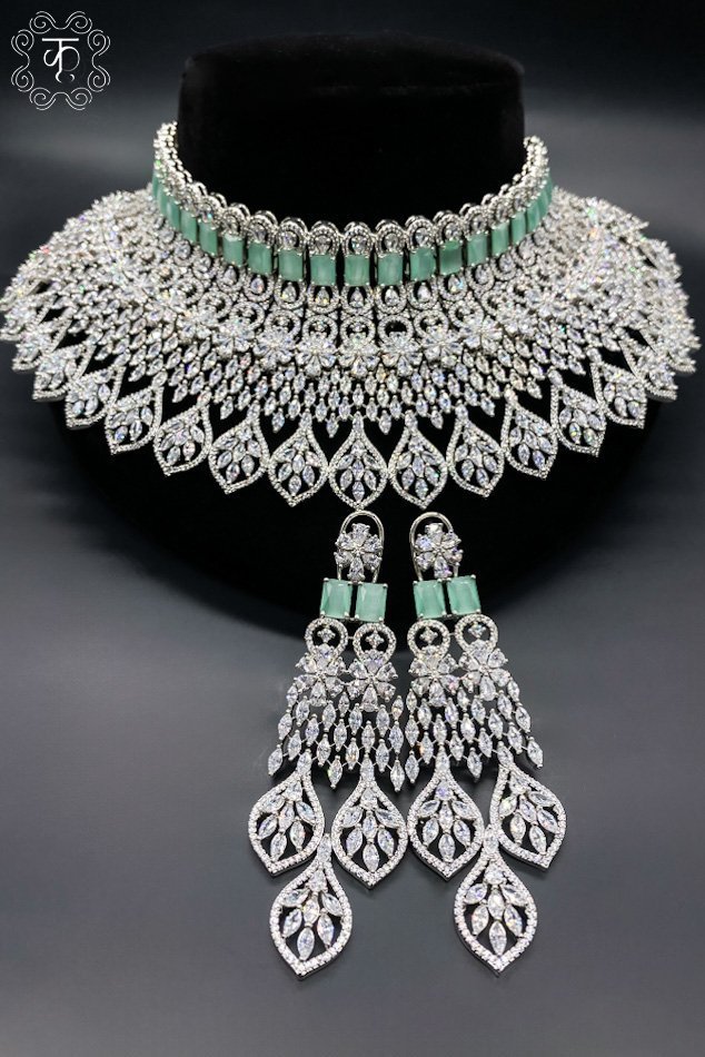 Silver and Mint green stone AD necklace with Earrings - Image 3