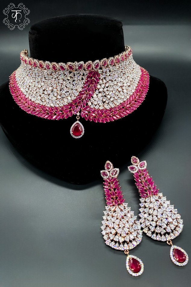 Rose Gold with White and Pink AD Set & Earrings - Image 5