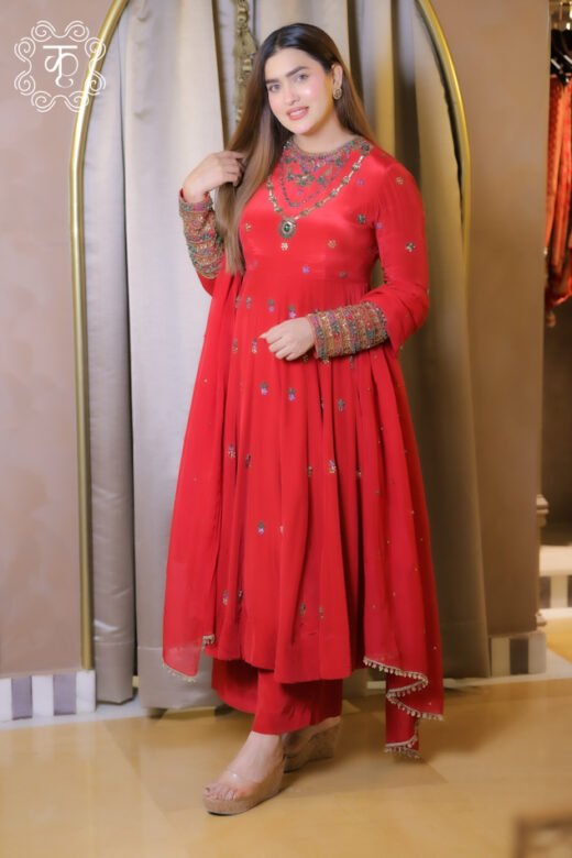 Red embroidered Anarkali suit set with matching dupatta