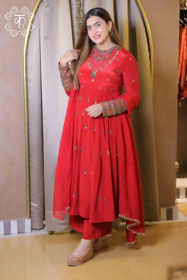 Red embroidered Anarkali suit set with matching dupatta