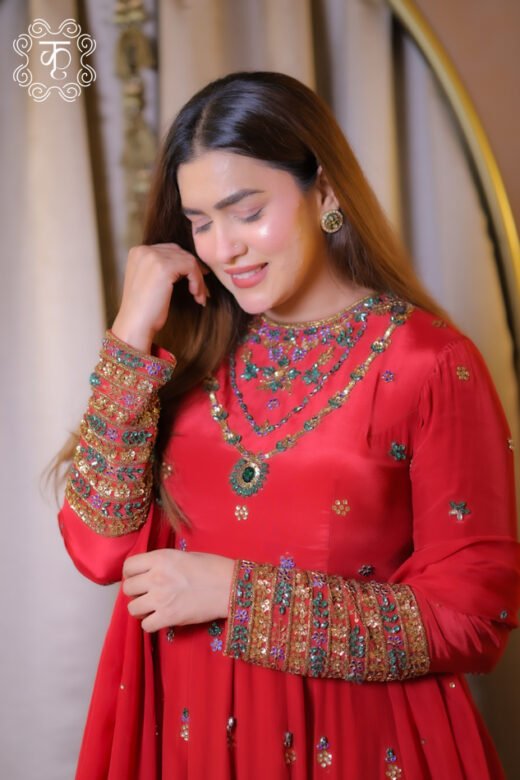 Red designer Anarkali suit with embroidered neckline and dupatta