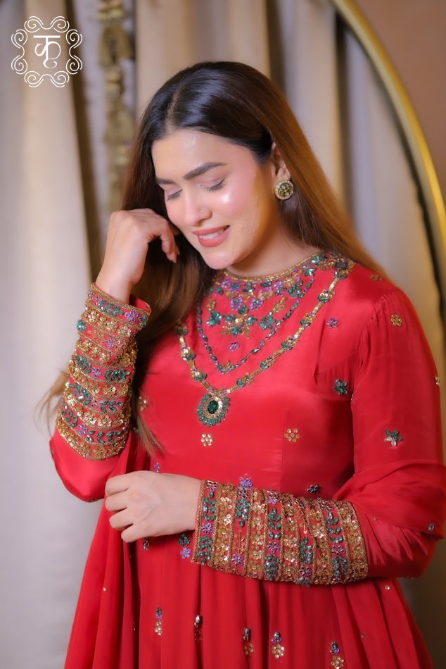Red designer Anarkali suit with embroidered neckline and dupatta