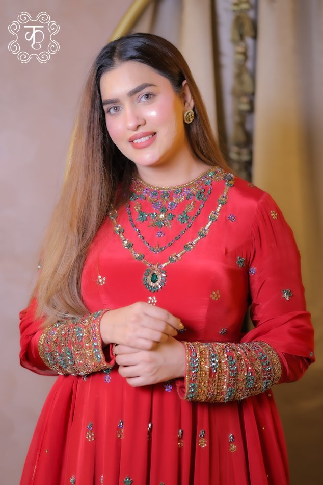 Red wedding Anarkali suit set with embroidered dupatta