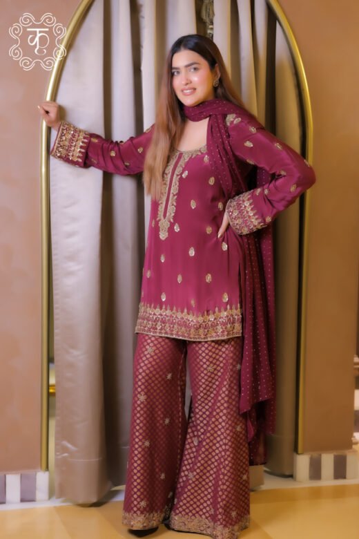 Wine gold embroidered sharara suit with detailed neckline