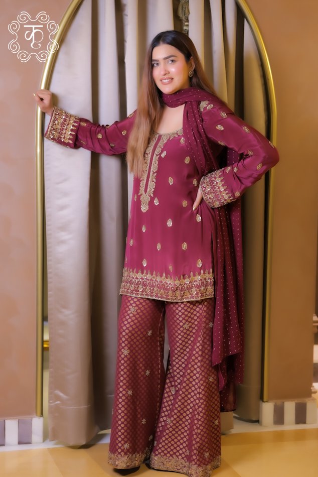 Wine gold embroidered sharara suit with detailed neckline