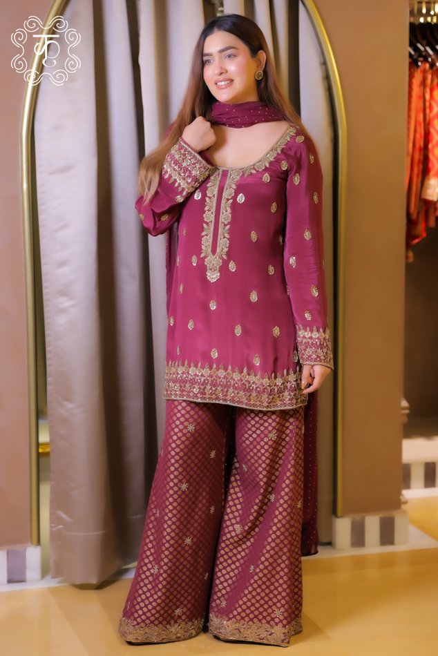 Wine wedding embroidered sharara suit set with gold detailing