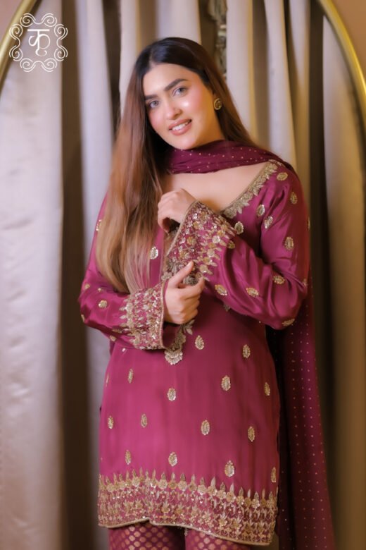 Wine festive sharara suit with gold embroidery and dupatta