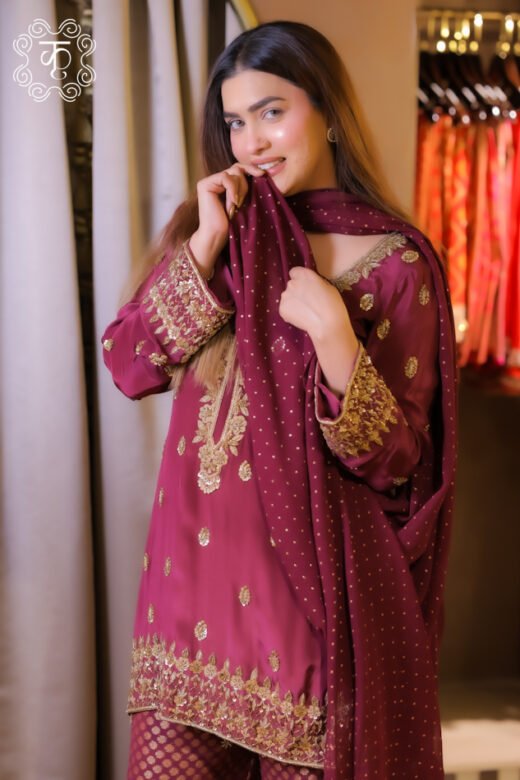 Wine luxury designer sharara suit with gold embroidered details
